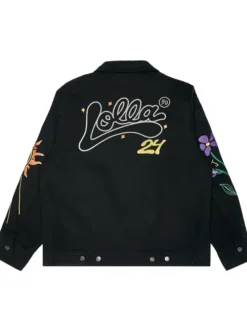 Back view of Lollapalooza Music Fest 2024 Run To The Sun Black Cotton Jacket