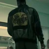 Back view of Marvin Power Book III Raising Kanan S01 Black And Grey Leather Bomber Jacket