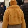 Back view of Only Murders In The Building S04 Mabel Mora Yellow Faux Fur Jacket Sale