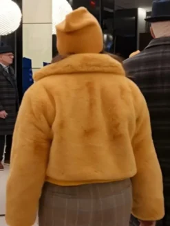 Back view of Only Murders In The Building S04 Mabel Mora Yellow Faux Fur Jacket Sale