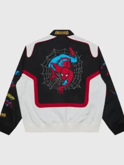 Back view of Undefeated x Spider-Man Black and White Varsity Jacket