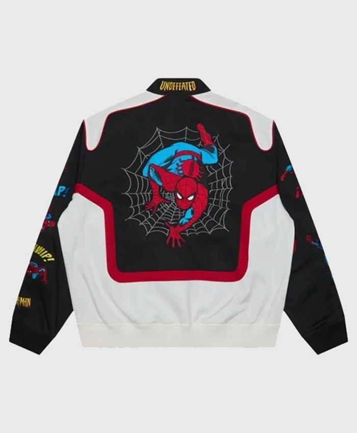 Back view of Undefeated x Spider-Man Black and White Varsity Jacket