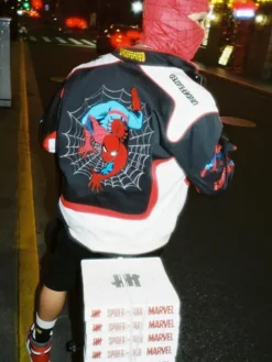 Spider-Man FW26 Black and White Cotton Varsity Jacket with full-length sleeves and two outside pockets