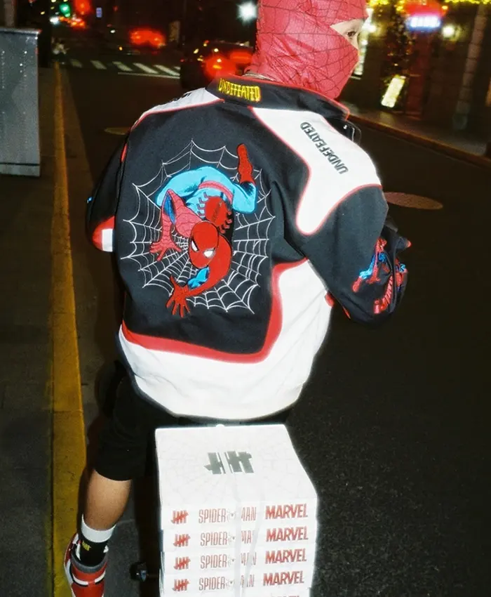 Spider-Man FW26 Black and White Cotton Varsity Jacket with full-length sleeves and two outside pockets