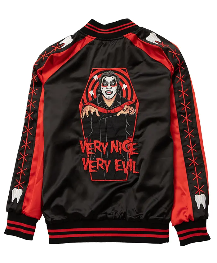 Back view of WWE Danhausen 2026 Halloween Black And Red Satin Jacket