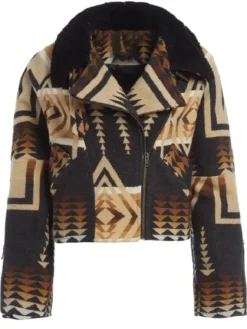 Beth Dutton TV-Series Dutton Ranch S01 Shearling Collar Western Aztec Print Aviator Jacket front view