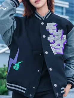 Bibisama Mob Psycho 100 Shigeo Navy And Grey Wool Fleece Varsity Jacket front view
