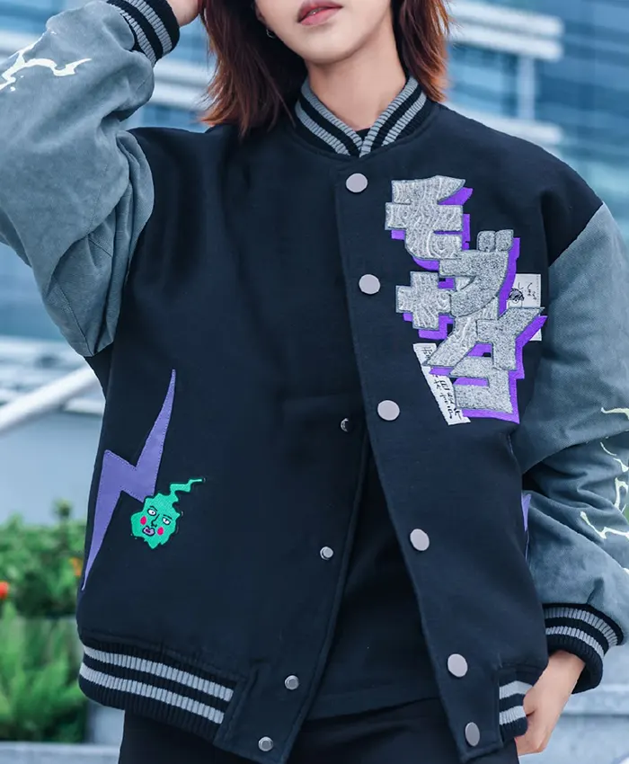 Bibisama Mob Psycho 100 Shigeo Navy And Grey Wool Fleece Varsity Jacket front view