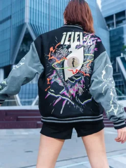 Bibisama Mob Psycho 100 Shigeo Wool Fleece Navy And Grey Varsity Jacket back view
