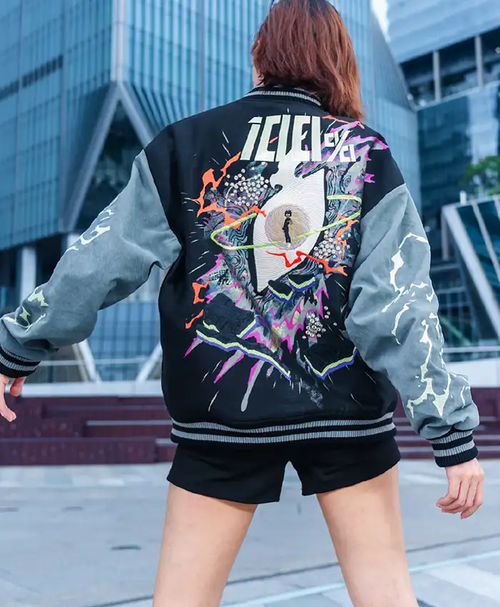 Bibisama Mob Psycho 100 Shigeo Wool Fleece Navy And Grey Varsity Jacket back view