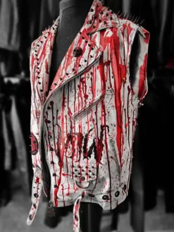 Blood Rave Red and White Biker Leather Vest showcasing genuine leather, viscose lining, and iconic punk-inspired look