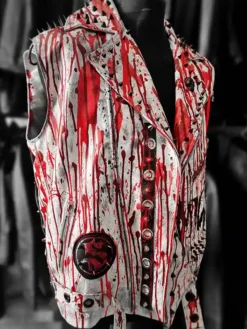 Blood Rave Red and White Genuine Leather Vest side view with asymmetrical zipper and lapel collar