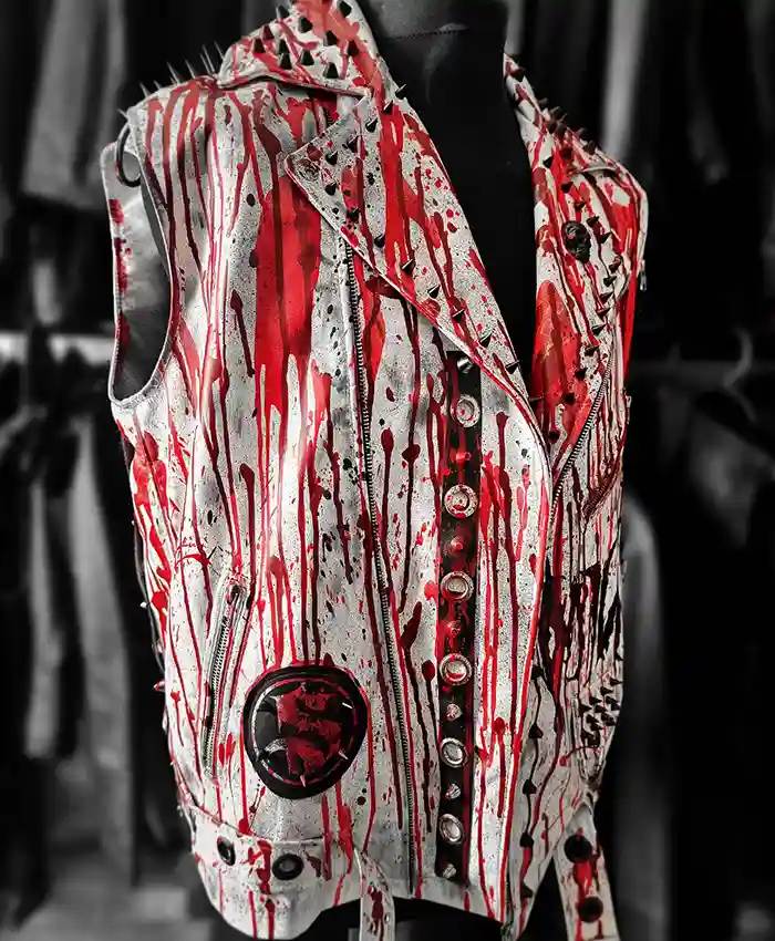 Blood Rave Red and White Genuine Leather Vest side view with asymmetrical zipper and lapel collar