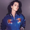 Blue Katy Perry Satin Bomber Jacket with YKK zipper closure and modern fashion-inspired design