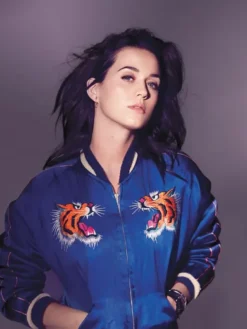 Blue Katy Perry Satin Bomber Jacket with YKK zipper closure and modern fashion-inspired design