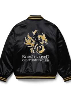 Born x Raised Gentlemens Club Black And Gold Satin Souvenir Bomber Varsity Jacket back view