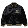 Born x Raised Gentlemens Club Black And Gold Satin Souvenir Varsity Bomber Jacket front view