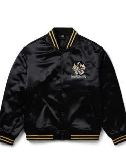 Born x Raised Gentlemens Club Black And Gold Satin Souvenir Varsity Bomber Jacket front view