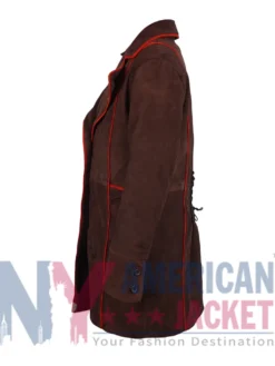 Brown Mad Hatter Suede Leather Trench Coat with Buttoned Cuffs and Classic Lapel Collar