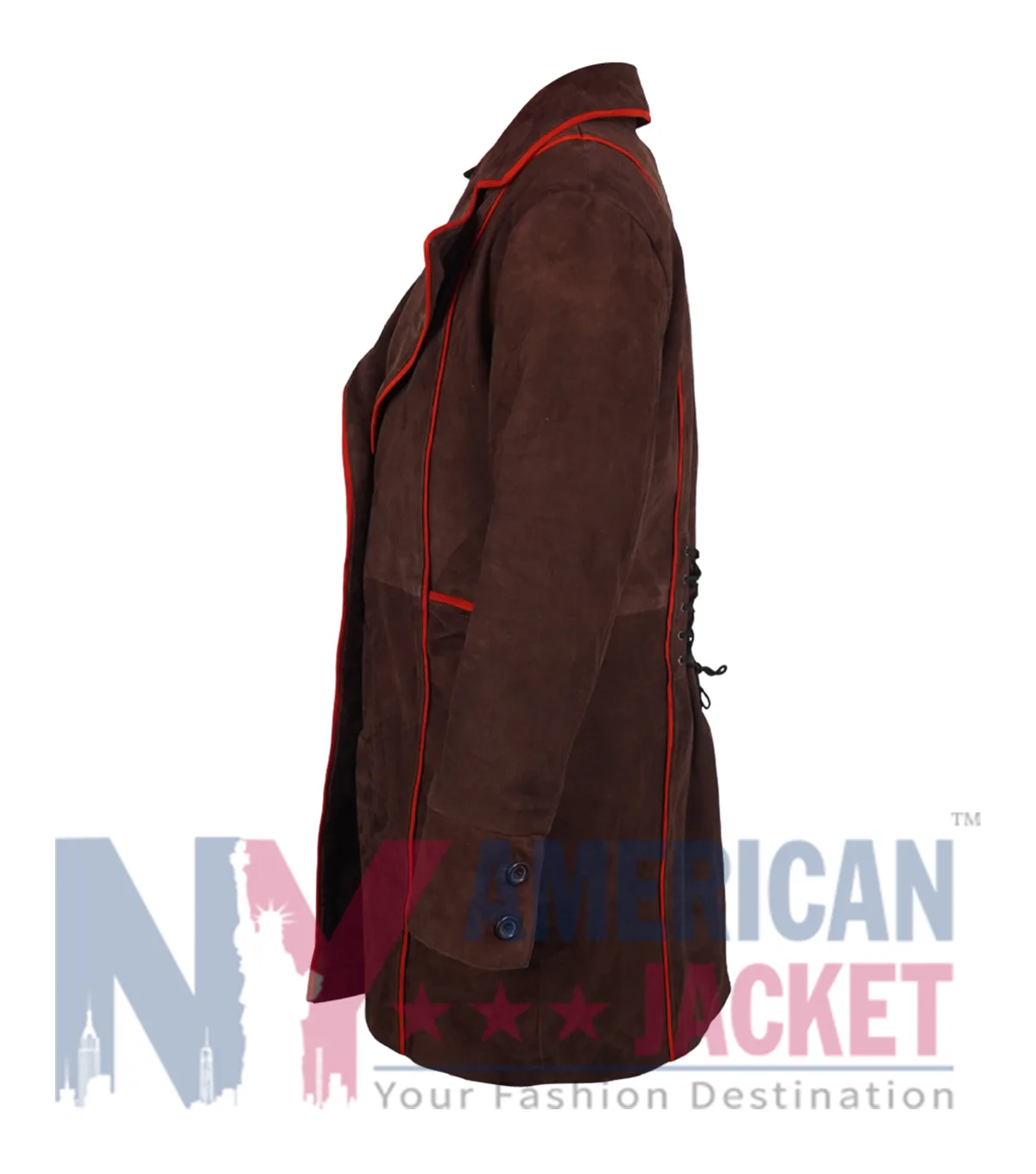 Brown Mad Hatter Suede Leather Trench Coat with Buttoned Cuffs and Classic Lapel Collar