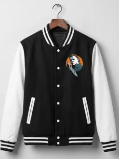 Buy-Halloween-Michael-Myers-Safety-A-Sitters-Guide-Black-and-White-Varsity-Jacket