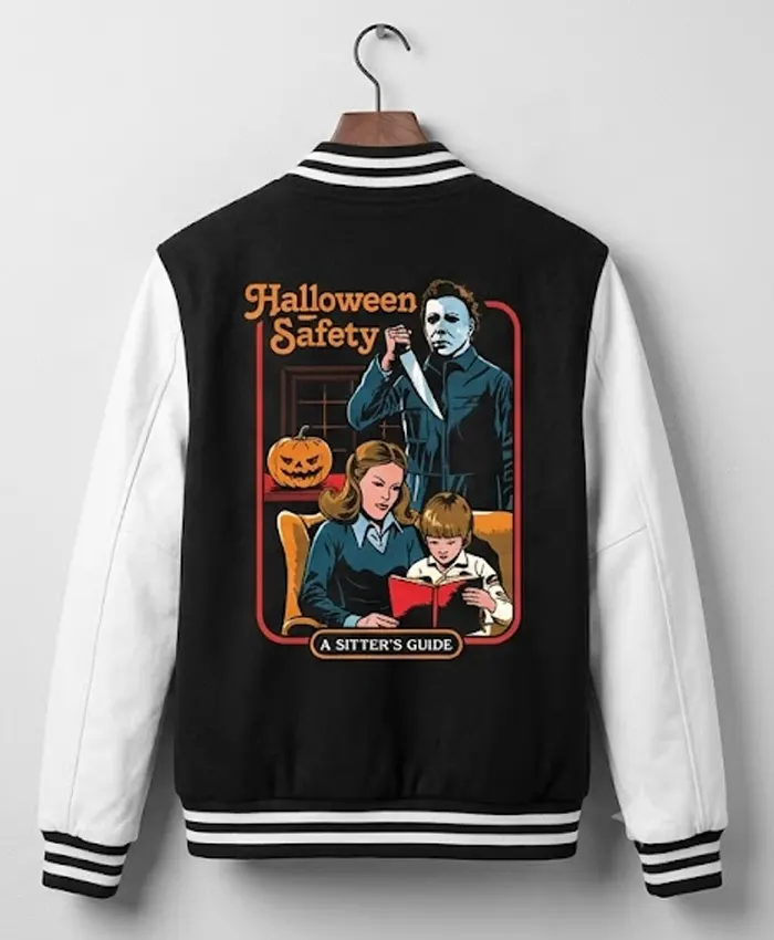 Buy-Halloween-Michael-Myers-Safety-A-Sitters-Guide-Black-and-White-Varsity-Jacket-Back-View