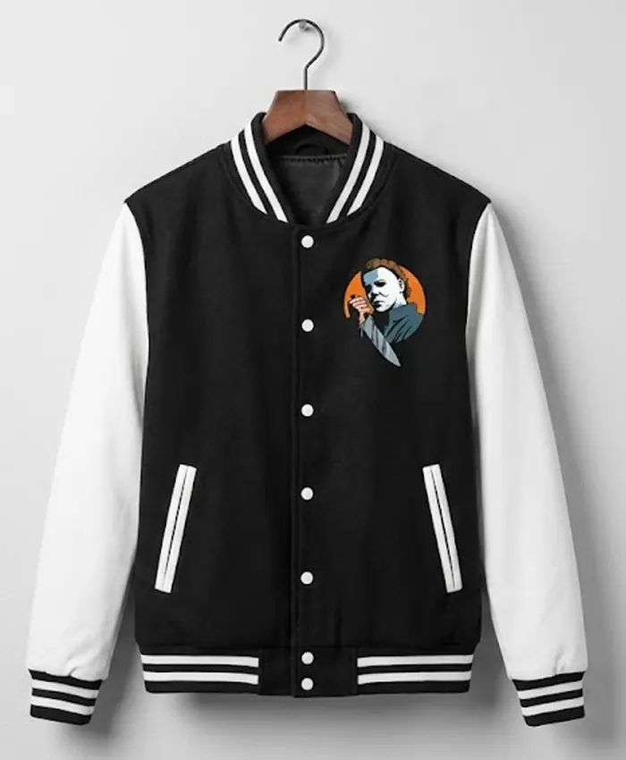 Buy-Halloween-Michael-Myers-Safety-A-Sitters-Guide-Black-and-White-Varsity-Jacket
