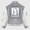 Buy Mona Lisa Grey And White Wool Blend Bomber Varsity Jacket back view