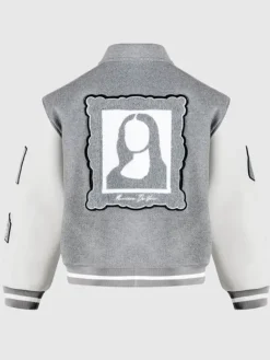Buy Mona Lisa Grey And White Wool Blend Bomber Varsity Jacket back view