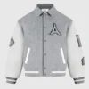Buy Mona Lisa Grey And White Wool Blend Varsity Bomber Jacket front view