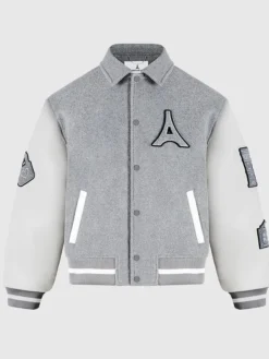 Buy Mona Lisa Grey And White Wool Blend Varsity Bomber Jacket front view
