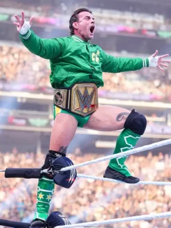 CM Punk Green Bomber Jacket with satin fabric, rib-knit cuffs, and classic hockey-inspired design