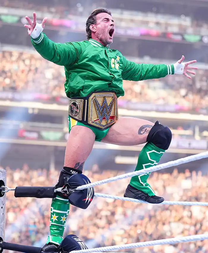 CM Punk Green Bomber Jacket with satin fabric, rib-knit cuffs, and classic hockey-inspired design