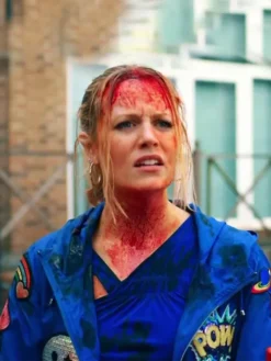 Cara Theobold Jo Blue Cotton Patches Zomboat Jacket Front View