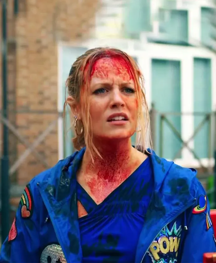 Cara Theobold Jo Blue Cotton Patches Zomboat Jacket Front View
