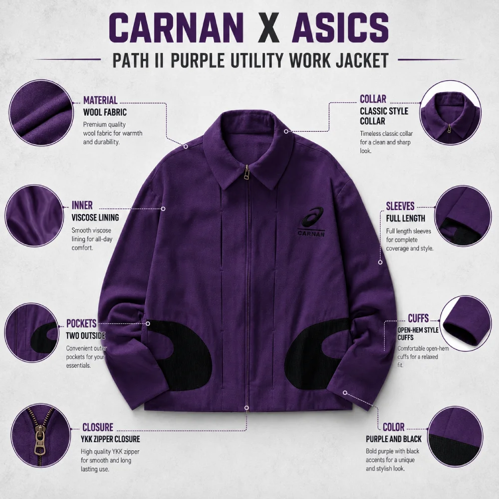 Carnan x ASICS Path II Purple Utility Work Jacket Infographic