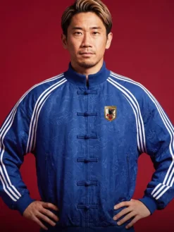 Chinese New Year 2026 Bape x Japan Football Blue Suede Leather Jacket front view