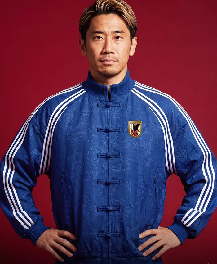 Chinese New Year 2026 Bape x Japan Football Blue Suede Leather Jacket front view