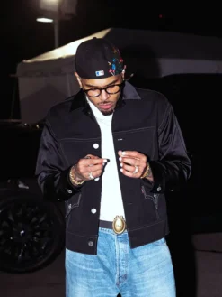 Chris Brown Boston Black Wool Satin Contrast-Stitch Trucker Jacket front view