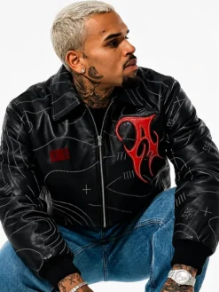 Chris Brown Pelle Pelle Auracles Bomber Leather Jacket For Sale