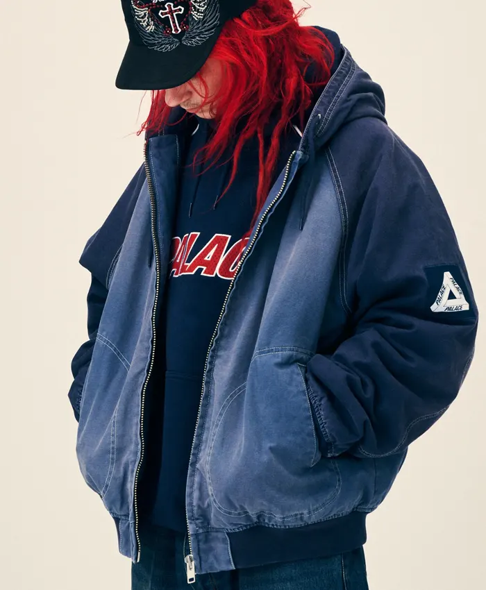 Close-Up of Palace Skateboards Fall 2026 Washed Zip-Up Navy Blue Hooded Jacket