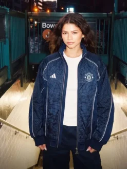 Close-Up of Spider-Man x Manchester United 2026 Blue Track Jacket Sale