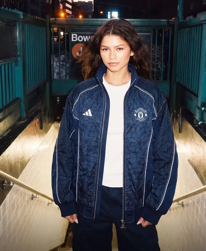 Close-Up of Spider-Man x Manchester United 2026 Blue Track Jacket Sale