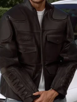 Close-up o f Kith for BMW 2026 Black Embossed Padded Leather Motorcycle Jacket