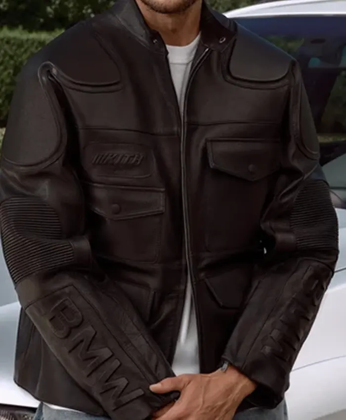Close-up o f Kith for BMW 2026 Black Embossed Padded Leather Motorcycle Jacket