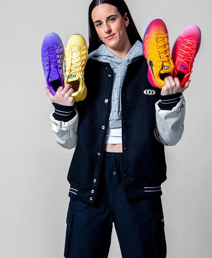 Close-up of 2026 WNBA Caitlin Clark x Slam Kicks Nike Black And White Varsity Jacket