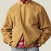 Close-up of Aimé Leon Dore Fall-Winter 2026 Tan Suede Cafe Racer Jacket