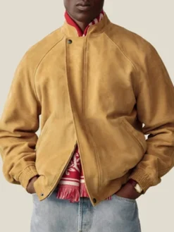 Close-up of Aimé Leon Dore Fall-Winter 2026 Tan Suede Cafe Racer Jacket