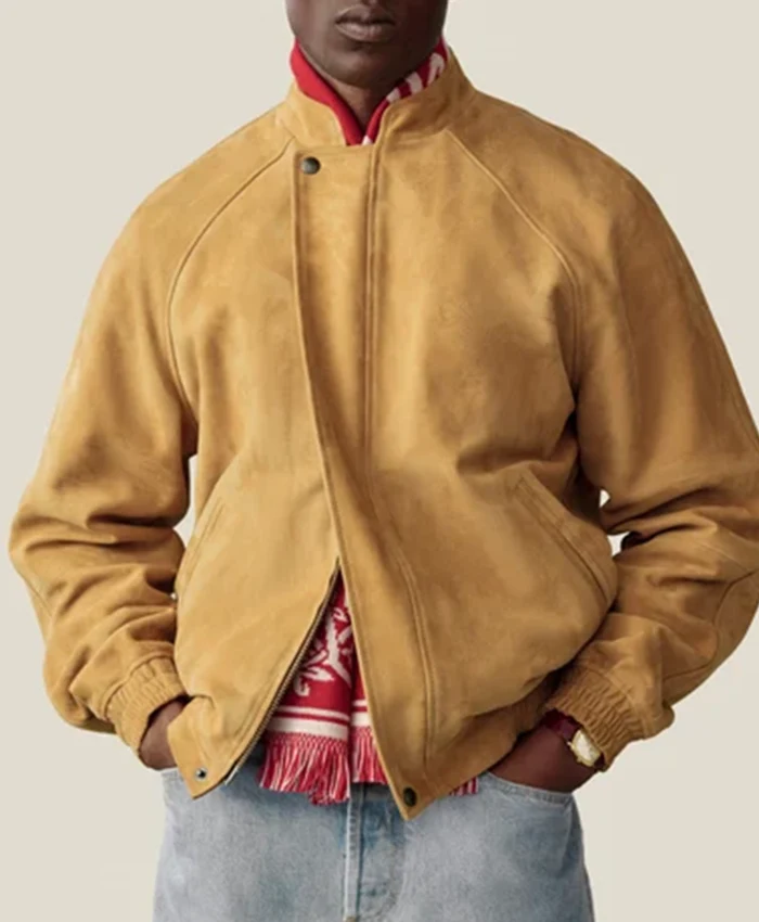 Close-up of Aimé Leon Dore Fall-Winter 2026 Tan Suede Cafe Racer Jacket