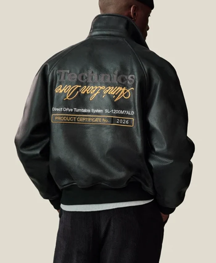 Aimé Leon Dore Fall-Winter 2026 Technics Varsity Black Leather Jacket front view